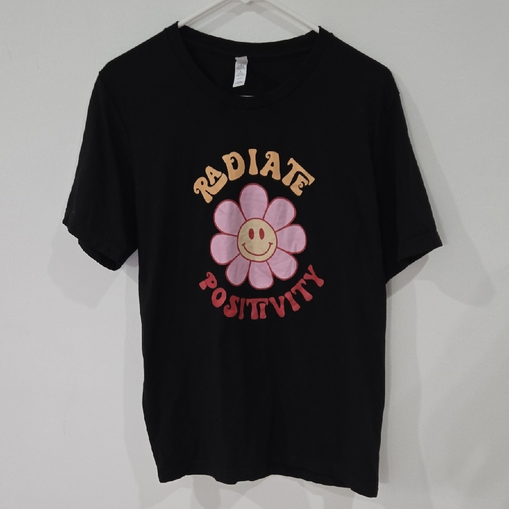 Bella Canvas Sz Large Womens  Black Tee with Pink Flower Design